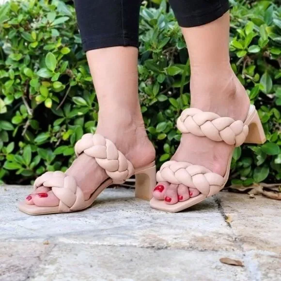 Women's Nude Double Braided Square Toe Mule Low Heel Sandal - Picture 2 of 3